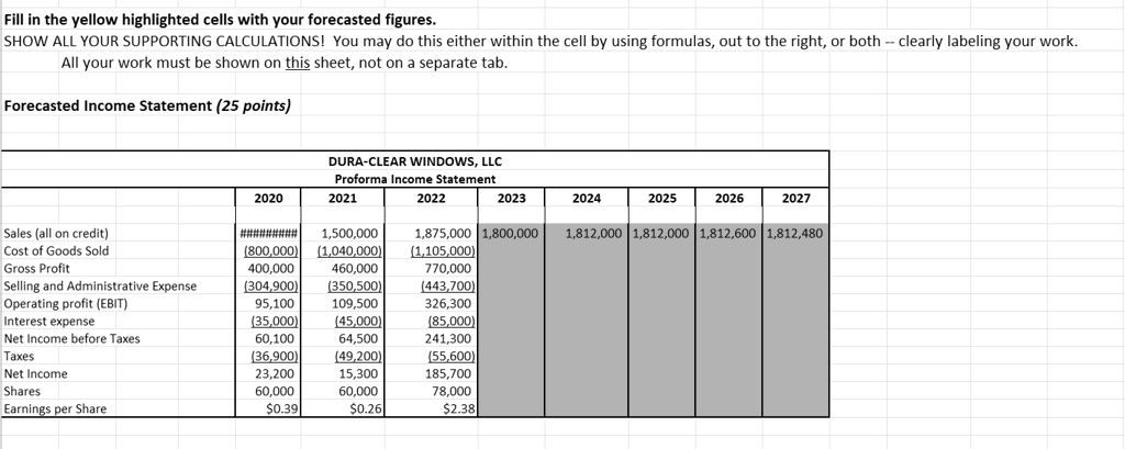 Fill in the yellow highlighted cells with your forecasted figures.
SHOW ALL YOUR SUPPORTING CALCULATIONS! You may do this either within the cell by using formulas, out to the right, or both – clearly labeling your work.
All your work must be shown on this sheet, not on a separate tab.

Forecasted Income Statement (25 points)

DURA-CLEAR WINDOWS, LLC
Proforma Income Statement

2020 2021 2022 2023 2024 2025 2026 2027

Sales (all on credit) ########## 1,500,000 1,875,000 1,800,000 1,812,000 1,812,000 1,812,600 1,812,480
Cost of Goods Sold (800,000) (1,040,000) (1,105,000)
Gross Profit 400,000 460,000 770,000
Selling and Administrative Expense (304,900) (350,500) (443,700)
Operating profit (EBIT) 95,100 109,500 326,300
Interest expense (35,000) (45,000) (85,000)
Net Income before Taxes 60,100 64,500 241,300
Taxes (36,900) (49,200) (55,600)
Net Income 23,200 15,300 185,700
Shares 60,000 60,000 78,000
Earnings per Share 0.390.26 2.38