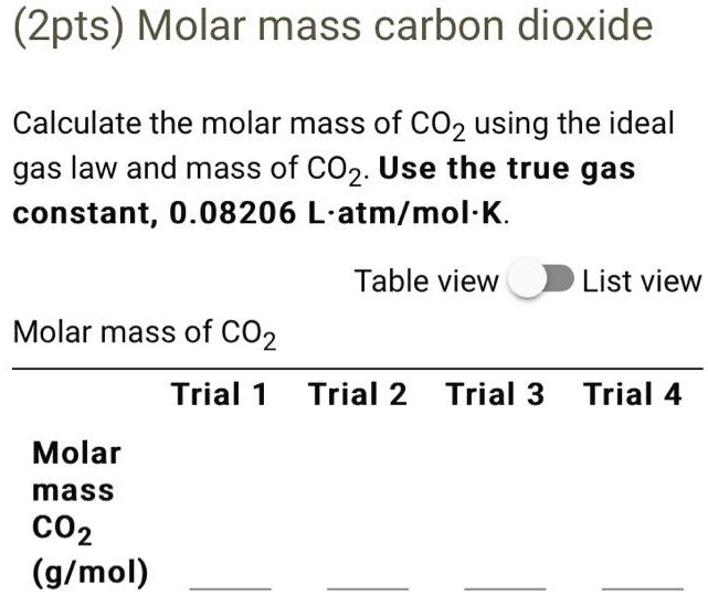 SOLVED (2pts) Molar mass carbon dioxide Calculate the molar mass of
