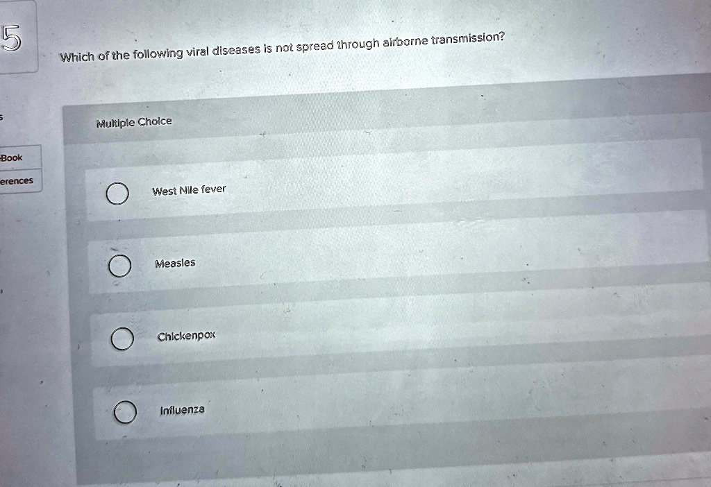 which of the following viral diseases is not spread through airborne transmission multiple choice west nile fever measles chickenpox influenza 49597