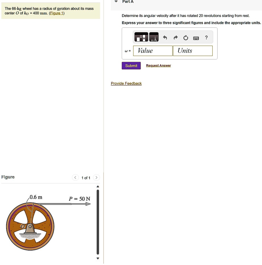 The 66-kg wheel has a radius of gyration about its mass center of Ko ...