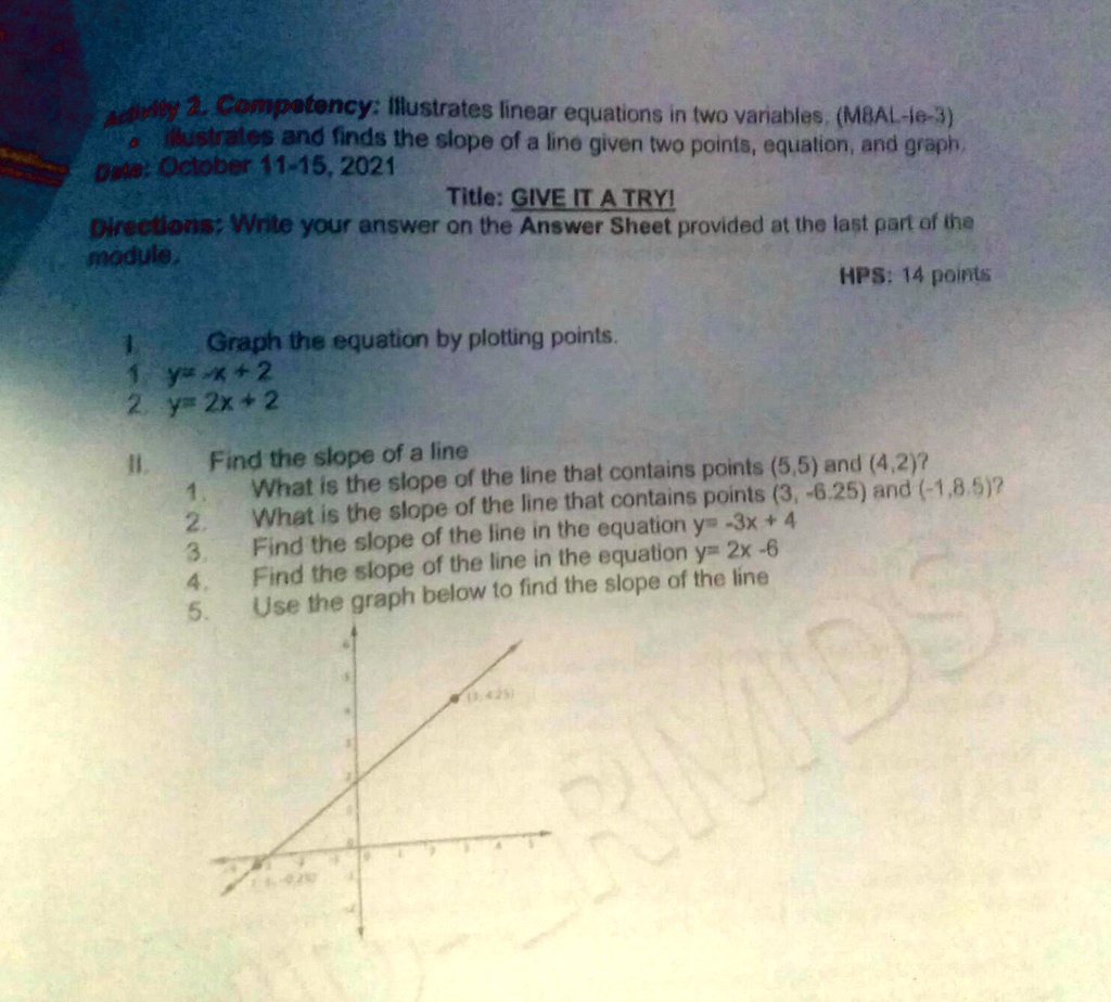 SOLVED: "Activity 2: Competency:Illuatrates linear equations in two  variables. Illuatrates and finds the slope of a line give in two points,  equations, and graph TITLE:GIVE IT A TRY! I. Graph the equations
