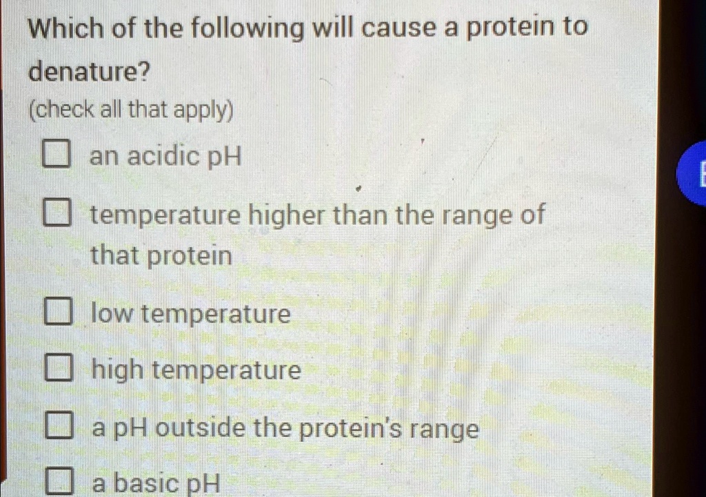 SOLVED Which of the following will cause a protein to denature? (check