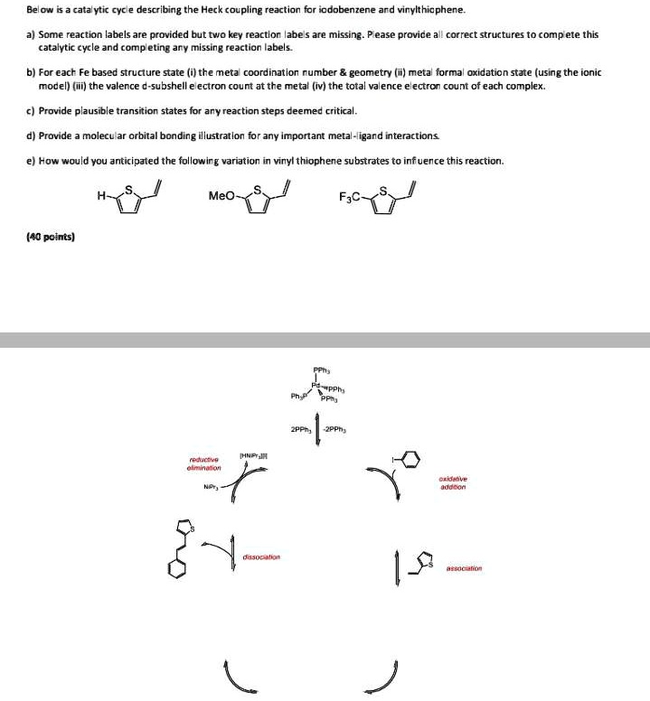 Below is a catalytic cycle describing the Heck coupling reaction for iodobenzene and vinylthiophene.

a) Some reaction labels are provided but two key reaction labels are missing. Please provide all correct structures to complete this catalytic cycle and completing any missing reaction labels.

b) For each Fe based structure state (i) the metal coordination number     geometry (ii) metal formal oxidation state (using the ionic model) (iii) the valence d-subshell electron count at the metal (iv) the total valence electron count of each complex.

c) Provide plausible transition states for any reaction steps deemed critical.

d) Provide a molecular orbital bonding illustration for any important metal-ligand interactions.

e) How would you anticipated the following variation in vinyl thiophene substrates to influence this reaction.

(40 points)