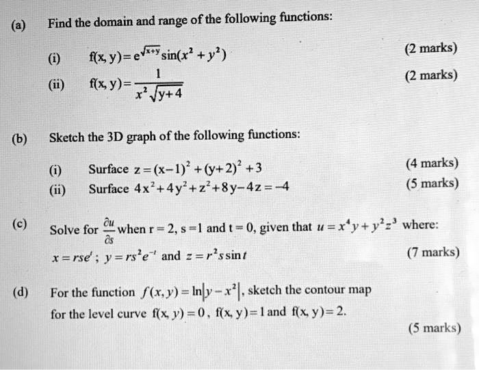 Solved Find The Domain And Range Of The Following Functions F X Y Efry Sin X Y F X Y 2 Marks 2 Marks Sketch The 3d Graph Of The Following Functions Surface 2 X 1 Y 2 3 Surface