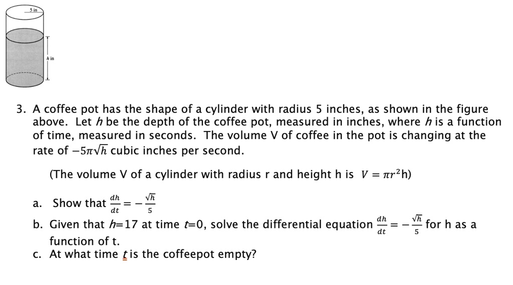 SOLVED 3 A coffee pot has the shape of a cylinder with radius 5 inches