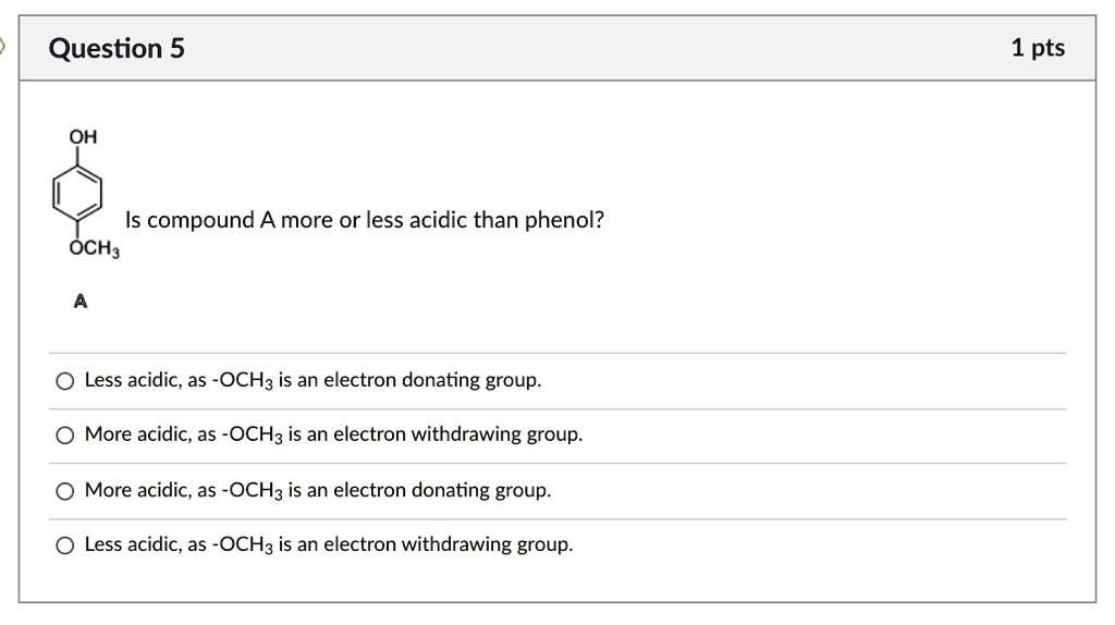 SOLVED Question 5 1 pts OH Is compound A more or less acidic than