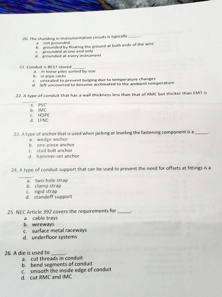 20. The shielding in instrumentation circuits is typically a. not ...