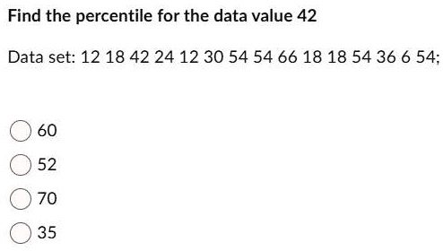 Find the percentile for the data value 42
Data set: 12 18 42 24 12 30 54 54 66 18 18 54 36 6 54;
60
52
70
35