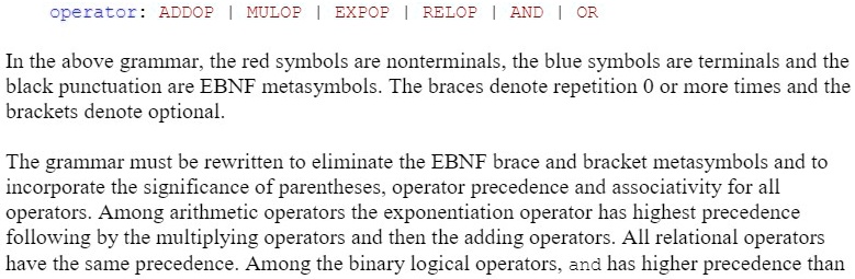 operator: ADDOP | MULOP | EXPOP | RELOP | AND | OR In the above grammar ...