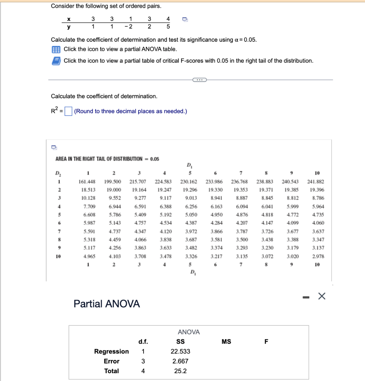 Consider the following set of ordered pairs.
egintabularlllrlr
( mathbfx )     3     3     1     3     4 hline ( mathbfy )     1     1     -2     2     5
endtabular
Calculate the coefficient of determination and test its significance using ( alpha=0.05 ).
Click the icon to view a partial ANOVA table.
Click the icon to view a partial table of critical F-scores with 0.05 in the right tail of the distribution.
Calculate the coefficient of determination.
( mathrmR^2= )
(Round to three decimal places as needed.)
AREA IN THE RIGHT TAIL OF DISTRIBUTION ( =0.05 )
egintabularrrrrrr
( oldsymbolD2 )     ( mathbf1 )     ( mathbf2 )     ( mathbf3 )     ( mathbf4 )     multicolumn1c( mathbf5 ) ( mathbf1 )     161.448     199.500     215.707     224.583     230.162 ( mathbf2 )     18.513     19.000     19.164     19.247     19.296 ( mathbf3 )     10.128     9.552     9.277     9.117     9.013 ( mathbf4 )     7.709     6.944     6.591     6.388     6.256 ( mathbf5 )     6.608     5.786     5.409     5.192     5.050 ( mathbf6 )     5.987     5.143     4.757     4.534     4.387 ( mathbf7 )     5.591     4.737     4.347     4.120     3.972 ( mathbf8 )     5.318     4.459     4.066     3.838     3.687 ( mathbf9 )     5.117     4.256     3.863     3.633     3.482 ( mathbf1 0 )     4.965     4.103     3.708     3.478     3.326     ( mathbf1 )     ( mathbf2 )     ( mathbf3 )     ( mathbf4 )     ( mathbf5 )                     ( D1 )
endtabular
( eginarrayccc6     7     8  233.986     236.768     238.883  19.330     19.353     19.371  8.941     8.887     8.845  6.163     6.094     6.041  4.950     4.876     4.818  4.284     4.207     4.147  3.866     3.787     3.726  3.581     3.500     3.438  3.374     3.293     3.230  3.217     3.135     3.072  6     7     8endarray )
( eginarraycc9     10  240.543     241.882  19.385     19.396  8.812     8.786  5.999     5.964  4.772     4.735  4.099     4.060  3.677     3.637  3.388     3.347  3.179     3.137  3.020     2.978  9     10endarray )
Partial ANOVA
egintabularcccc| 
    multicolumn3c| ANOVA      d.f.     SS     MS Regression     1     22.533 Error     3     2.667 Total     4     25.2 hline
endtabular