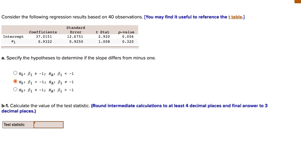 Consider the following regression results based on 40 observations. [You may find it useful to reference the t table.]
Standard Error
t Stat
p-value
Coefficients
Intercept
37.0151
12.6751
2.920
0.006
x1
0.9322
0.9250
1.008
0.320
a. Specify the hypotheses to determine if the slope differs from minus one.
H0: ?1 ? -1; HA: ?1 < -1
H0: ?1 = -1; HA: ?1 ? -1
H0: ?1 ? -1; HA: ?1 > -1
b-1. Calculate the value of the test statistic. (Round intermediate calculations to at least 4 decimal places and final answer to 3 decimal places.)
Test statistic