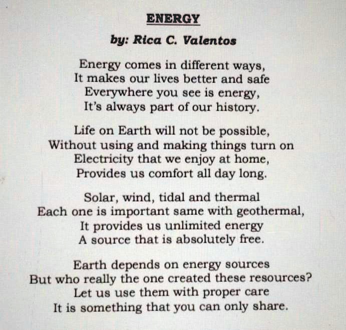 SOLVED What is the theme of this poem? ENERGY by Rica C Valentos