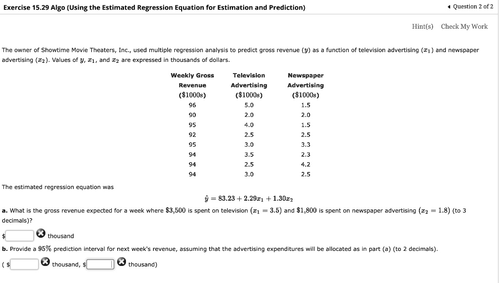 exercise 1529 algo using the estimated regression equation for ...