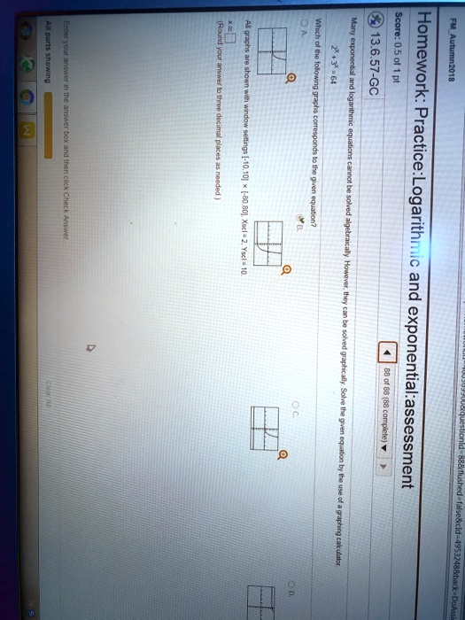 Many exponential and logarithmic equations cannot be solved algebraically. However, they can be solved graphically. Solve the given equation by the use of a graphing calculator
2^x+3 = 64
Which of the following graphs corresponds to the given equation?
All graphs are shown with window settings [-10,10] x [-80,80], Xscl=2, Yscl=10.
(Round your answer to three decimal places as needed.)