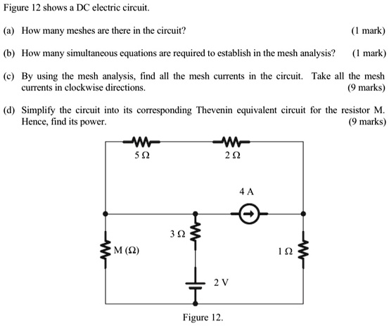 Figure 12 shows a DC electric circuit.

(a) How many meshes are there in the circuit? (1 mark)

(b) How many simultaneous equations are required to establish in the mesh analysis? (1 mark)

(c) By using the mesh analysis, find all the mesh currents in the circuit. Take all the mesh currents in clockwise directions. (9 marks)

(d) Simplify the circuit into its corresponding Thevenin equivalent circuit for the resistor M. Hence, find its power. (9 marks)

5 ?
2 ?
4 A
M (?)
3 ?
1 ?
2 V
Figure 12.