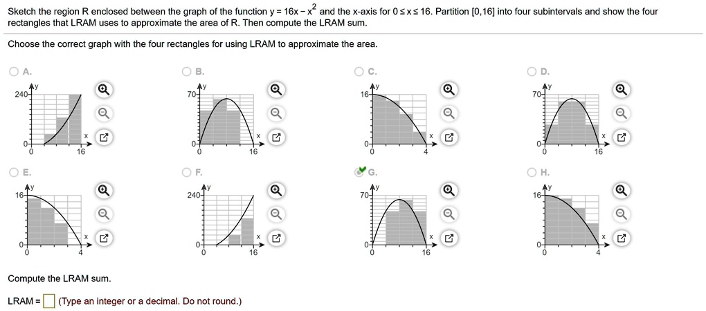 Sketch the region R enclosed between the graph of the function y = 16x - x^2 and the x-axis for 0 le x le 16. Partition [0, 16] into four subintervals and show the four rectangles that LRAM uses to approximate the area of R. Then compute the LRAM sum.
Choose the correct graph with the four rectangles for using LRAM to approximate the area.
A.  B.  C.  D.
E.  F.  G.  H.
Compute the LRAM sum.
LRAM =  (Type an integer or a decimal. Do not round.)