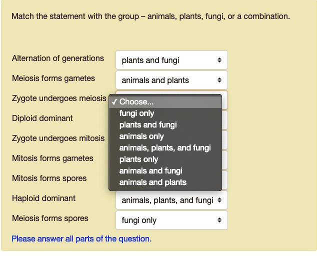 SOLVED: Match the statement with the group animals, plants, fungi; or a  combination. Alternation of generations plants and fungi Meiosis forms gametes  animals and plants Zygote undergoes meiosis Choose fungi only Diploid