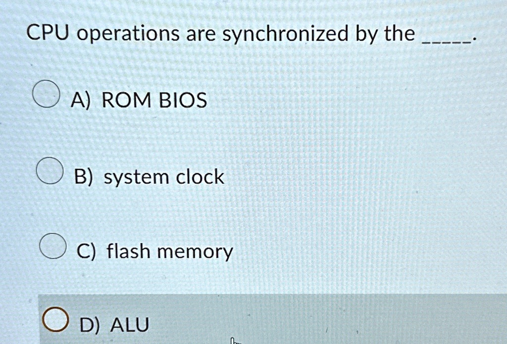 CPU operations are synchronized by the .
A) ROM BIOS
B) system clock
C) flash memory
D) ALU