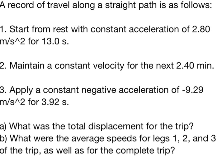 SOLVED: Record of travel along a straight path is as follows: 1. Start ...