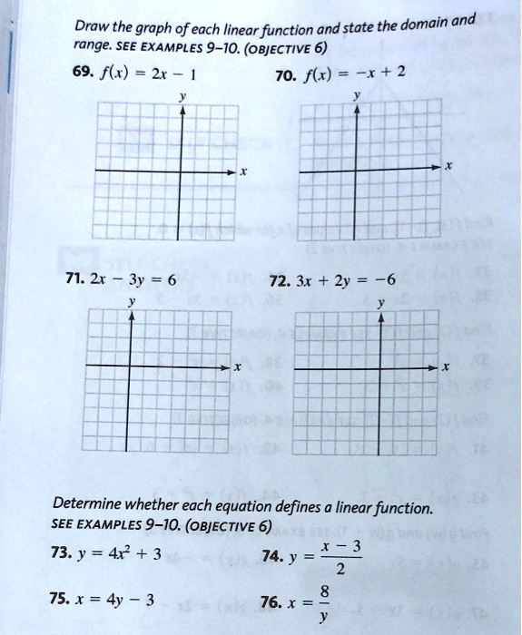 Solved Draw The Graph Of Each Linear Function And State The Domain And Range See Examples 9 10 Objective 6 69 Flx 2x 70 Flr 2 71 2x 3y