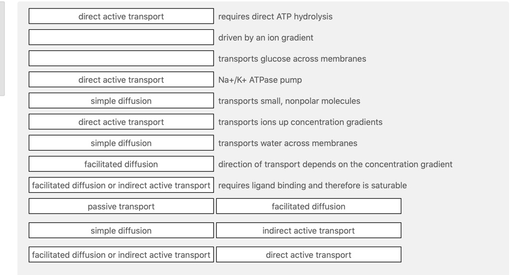 direct active transport requires direct ATP hydrolysis
driven by an ion gradient
transports glucose across membranes
direct active transport Na+/K+ ATPase pump
simple diffusion transports small, nonpolar molecules
direct active transport transports ions up concentration gradients
simple diffusion transports water across membranes
facilitated diffusion direction of transport depends on the concentration gradient
facilitated diffusion or indirect active transport requires ligand binding and therefore is saturable
passive transport facilitated diffusion
simple diffusion indirect active transport
facilitated diffusion or indirect active transport direct active transport