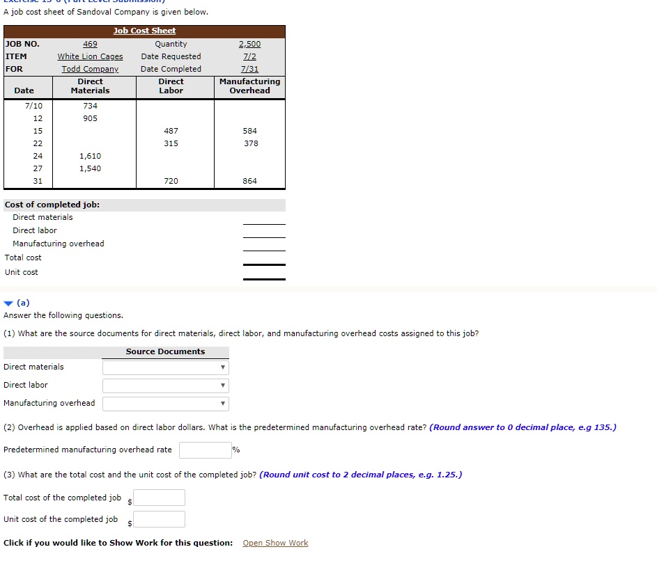 a job cost sheet of sandoval company is given below job cost sheet 