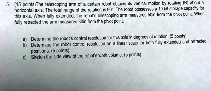 The telescoping arm of a certain robot obtains its vertical motion by rotating (R) about a horizontal axis. The total range of the rotation is 90