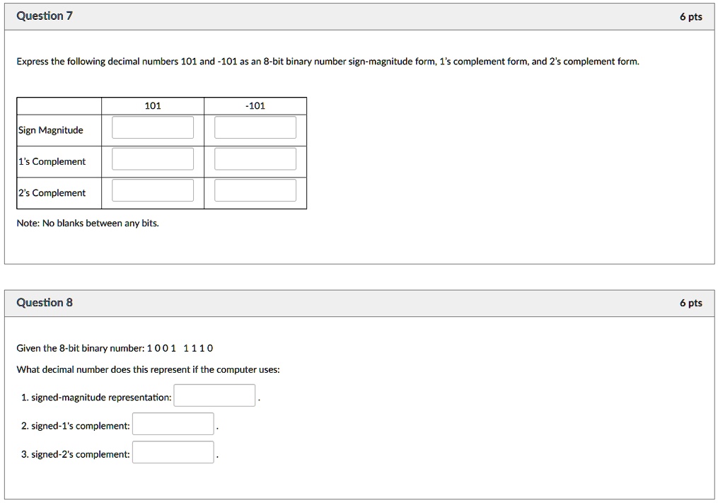 represent 7 in signed magnitude 1's and 2's complement form