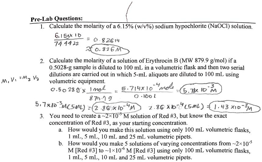 PreLab Questions Calculate the molarity of a 6.15 (w/v) sodium hypochlorite (NaOCI) solution