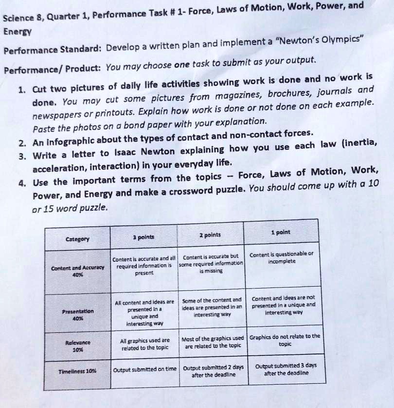 Science 8, Quarter 1, Performance Task #1 - Force, Laws of Motion, Work ...