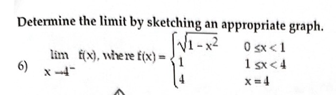 Determine the limit by sketching an appropriate graph.

limx → 4^- f(x), where f(x) = √(1 - x^2)    0 ≤ x < 1 
 1     1 ≤ x < 4 
 4     x = 4