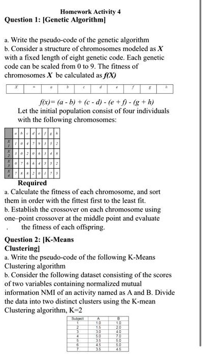 Homework Activity Question I: [Genetic Algorithm] Write the pseudo-code ...