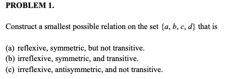 SOLVED:PROBLEM 1. Construct smallest possible relation on the set {a, b ...