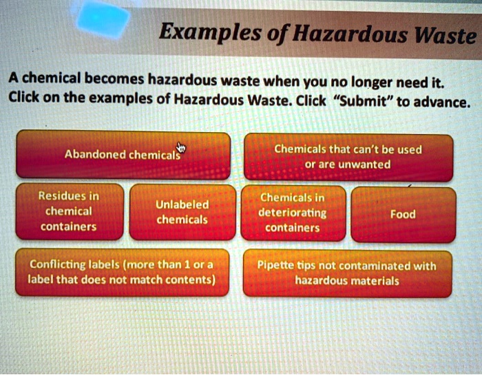 Examples of Hazardous Waste
A chemical becomes hazardous waste when you no longer need it.
Click on the examples of Hazardous Waste. Click "Submit" to advance.
Abandoned chemicals
Chemicals that can't be used or are unwanted
Residues in chemical containers
Unlabeled chemicals
Chemicals in deteriorating containers
Food
Conflicting labels (more than 1 or a label that does not match contents)
Pipette tips not contaminated with hazardous materials
