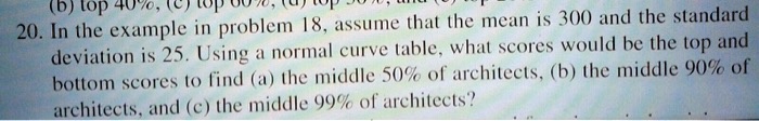 20. In the example in problem 18, assume that the mean is 300 and the standard deviation is 25. Using a normal curve table, what scores would be the top and bottom scores to find (a) the middle 50% of architects, (b) the middle 90% of architects, and (c) the middle 99% of architects?