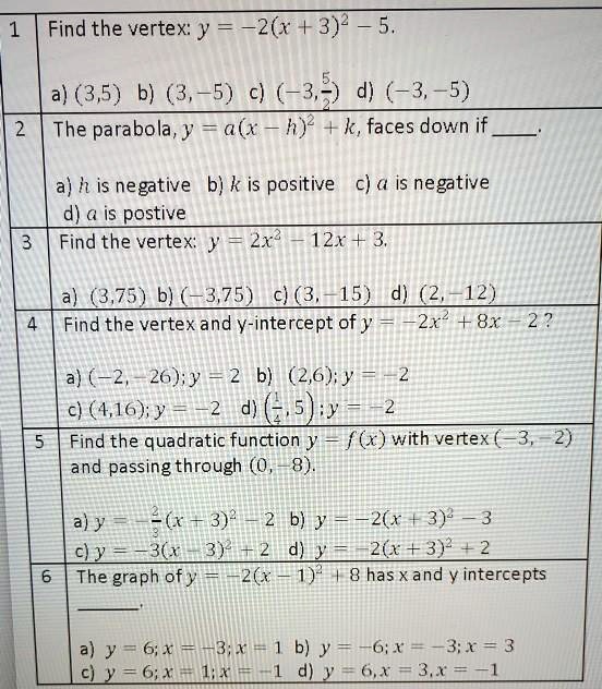 Solved Find The Vertex Y 26 3 2 5 A 3 5 B 3 5 C 3 5 D 3 5 The Parabola Y A X H 2 K Faces Down If A H Is Negative B K Is