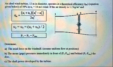 an ideal wind turbine 12 m in diameter operates at a theoretical efficiency etath equation given below of 50 in u2 14 ms wind if the air density is 12 kgm3 and etath fracu1 u4u12 u422 71808