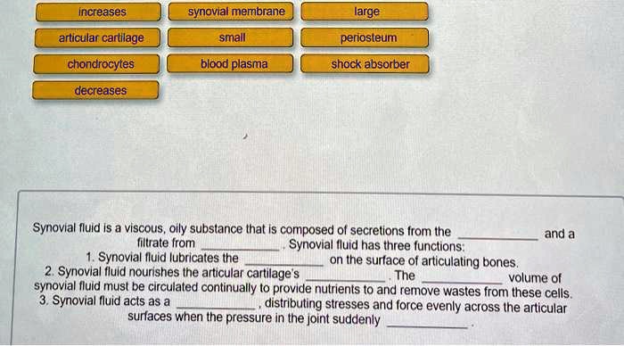 increases
synovial membrane
large
articular cartilage
small
periosteum
chondrocytes
blood plasma
shock absorber
decreases
Synovial fluid is a viscous, oily substance that is composed of secretions from the  and a filtrate from . Synovial fluid has three functions:
1. Synovial fluid lubricates the  on the surface of articulating bones.
2. Synovial fluid nourishes the articular cartilage's . The  volume of synovial fluid must be circulated continually to provide nutrients to and remove wastes from these cells.
3. Synovial fluid acts as a , distributing stresses and force evenly across the articular surfaces when the pressure in the joint suddenly .