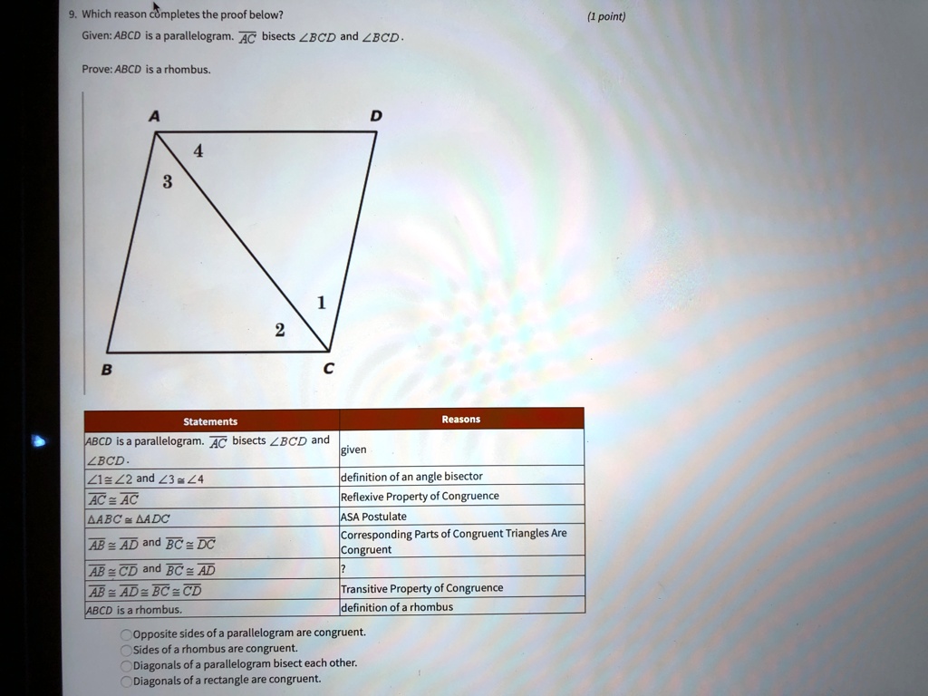 SOLVED Which reason completes the proof below A Opposite sides