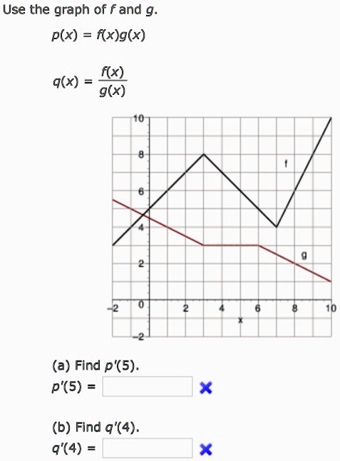 Use the graph of f and g.
p(x) = f(x)g(x)
q(x) = f(x)/g(x)
(a) Find p'(5).
p'(5) =
(b) Find q'(4).
q'(4) =