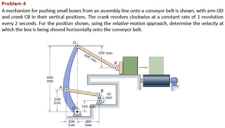 Problem 4
A mechanism for pushing small boxes from an assembly line onto a conveyor belt is shown, with arm OD
and crank CB in their vertical positions. The crank revolves clockwise at a constant rate of 1 revolution
every 2 seconds. For the position shown, using the relative-motion approach, determine the velocity at
which the box is being shoved horizontally onto the conveyor belt.