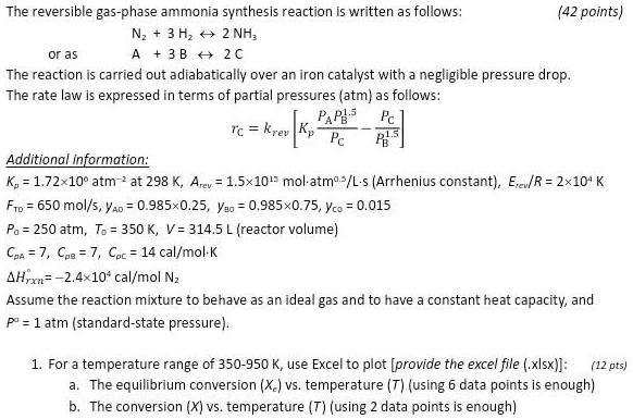 the reversible gas phase ammonia synthesis reaction written as follows ...