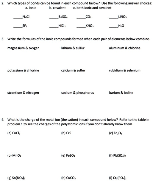 SOLVED: Which types of bonds can be found in each compound below? Use ...