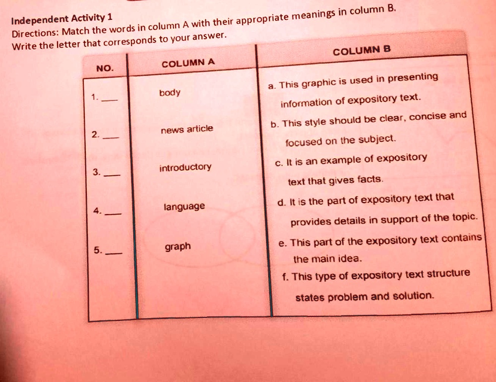 Independent Activity 1 Directions: Match the words in column A with ...