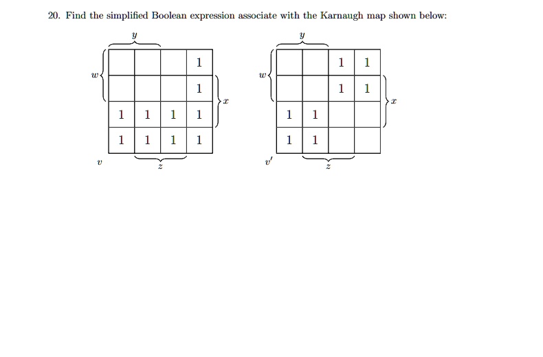 20. Find the simplified Boolean expression associate with the Karnaugh map shown below: