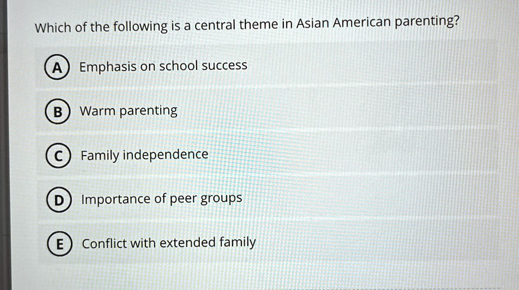 Which of the following is a central theme in Asian American parenting?
A Emphasis on school success
B Warm parenting
C Family independence
D Importance of peer groups
E Conflict with extended family