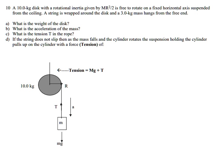 10 A 10.0-kg disk with a rotational inertia given by MR²/2 is free to rotate on a fixed horizontal axis suspended from the ceiling. A string is wrapped around the disk and a 3.0-kg mass hangs from the free end.

a) What is the weight of the disk?
b) What is the acceleration of the mass?
c) What is the tension T in the rope?
d) If the string does not slip then as the mass falls and the cylinder rotates the suspension holding the cylinder pulls up on the cylinder with a force (Tension) of:

<—–Tension = Mg + T
10.0 kg
R
T
a
m
mg