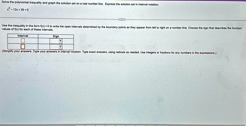 Solve the polynomial inequality and graph the solution set on a real number line. Express the solution set in interval notation.

x^2 - 12x + 36 < 0Use the inequality in the form f(x) < 0 to write the open intervals determined by the boundary points as they appear from left to right on a number line. Choose the sign that describes the function values of f(x) for each of these intervals.Interval
Sign
(Simplify your answers. Type your answers in interval notation. Type exact answers, using radicals as needed. Use integers or fractions for any numbers in the expressions.)