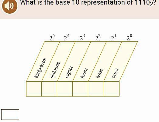 What is the base 10 representation of 11102? 2^5 2^4 2^3 2^2 2^1 2^0 ...