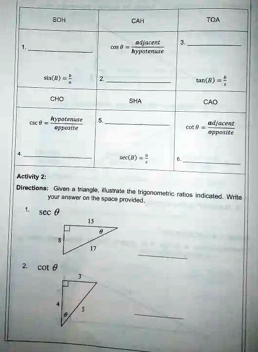 SOLVED SOH CAH TOA adjacent hypotenuse cOS . sin(B)= tan(B) = CHO